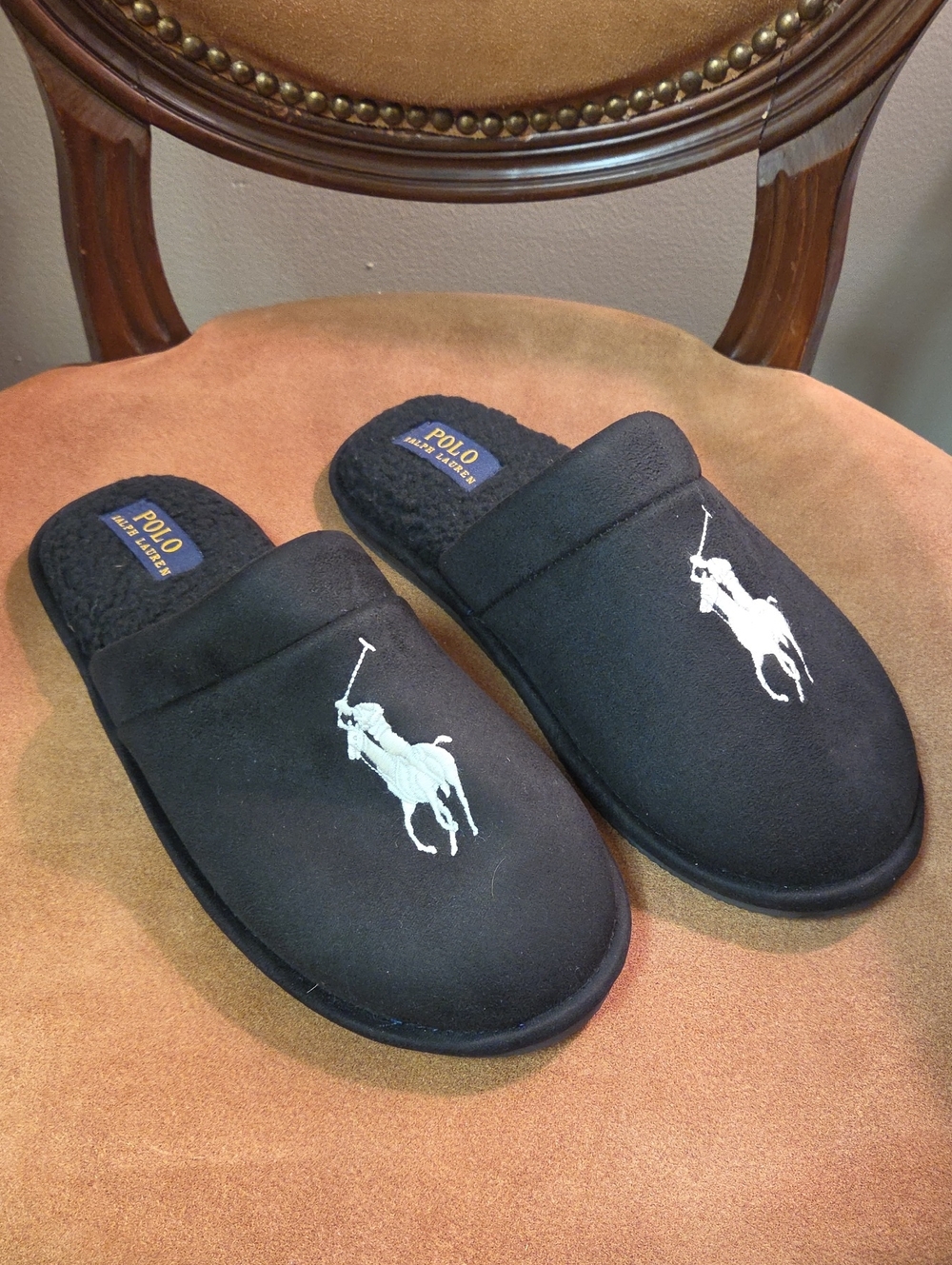 Polo by Ralph Lauren Black Klarence Scuff Slip-on Logo Slippers Mens Sz 8